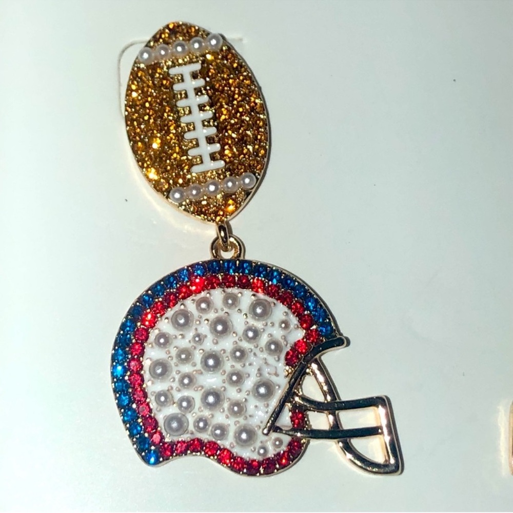 NIB! Football Helmet Earrings Rhinestones & Pearls - Picture 3 of 7